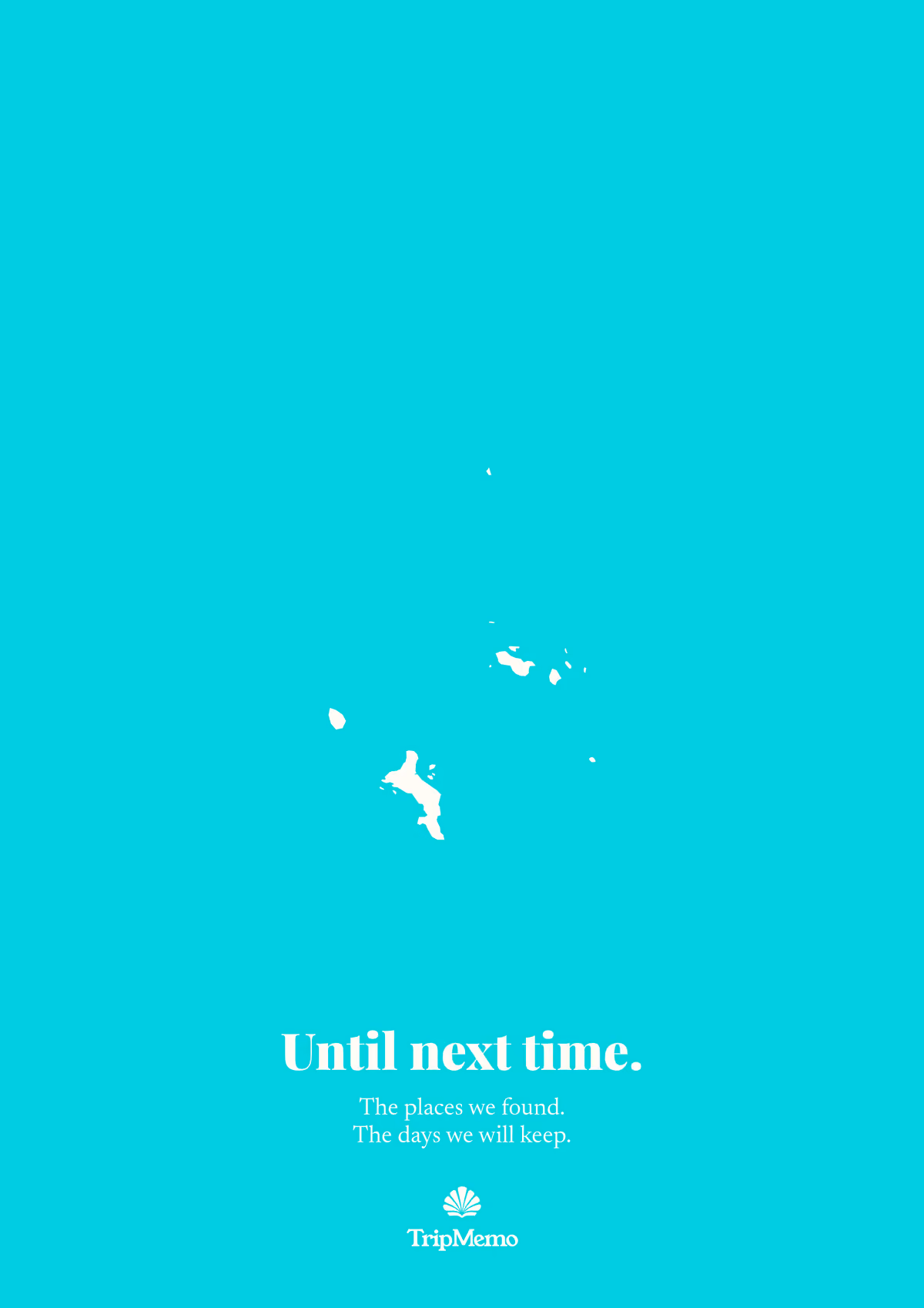 Back of the Seychelles photo book: an outline of the Seychelles above the words "Until next time." and the TripMemo mark