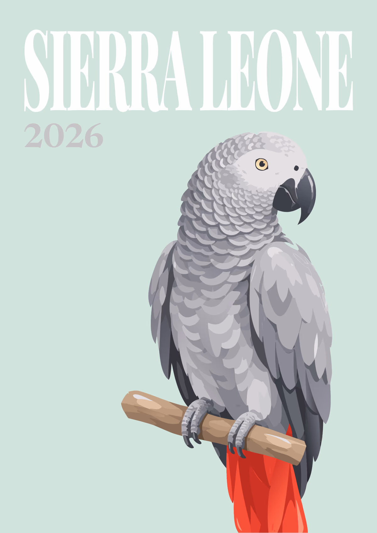 Sierra Leone illustrated travel photo book cover with the African grey parrot artwork