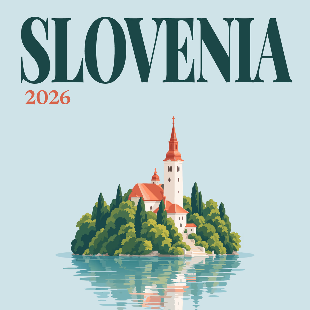 Slovenia illustrated square photo book cover with the Lake Bled island artwork