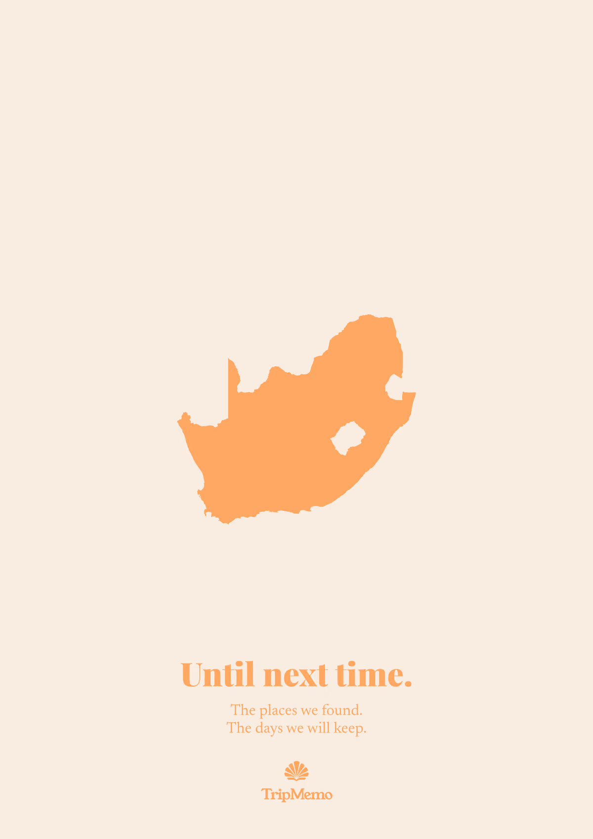 Back of the South Africa photo book: an outline of South Africa above the words "Until next time." and the TripMemo mark