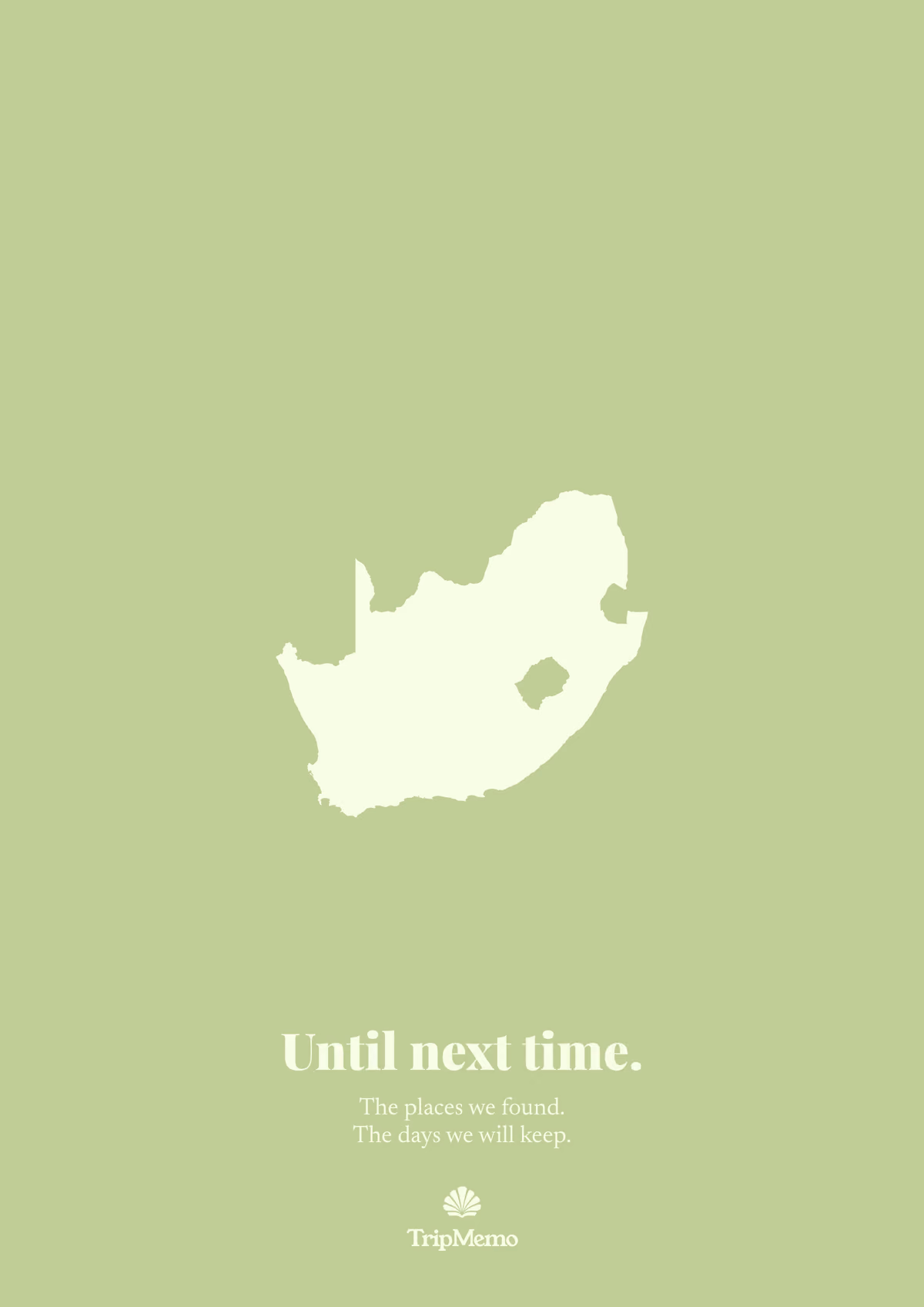 Back of the South Africa photo book: an outline of South Africa above the words "Until next time." and the TripMemo mark