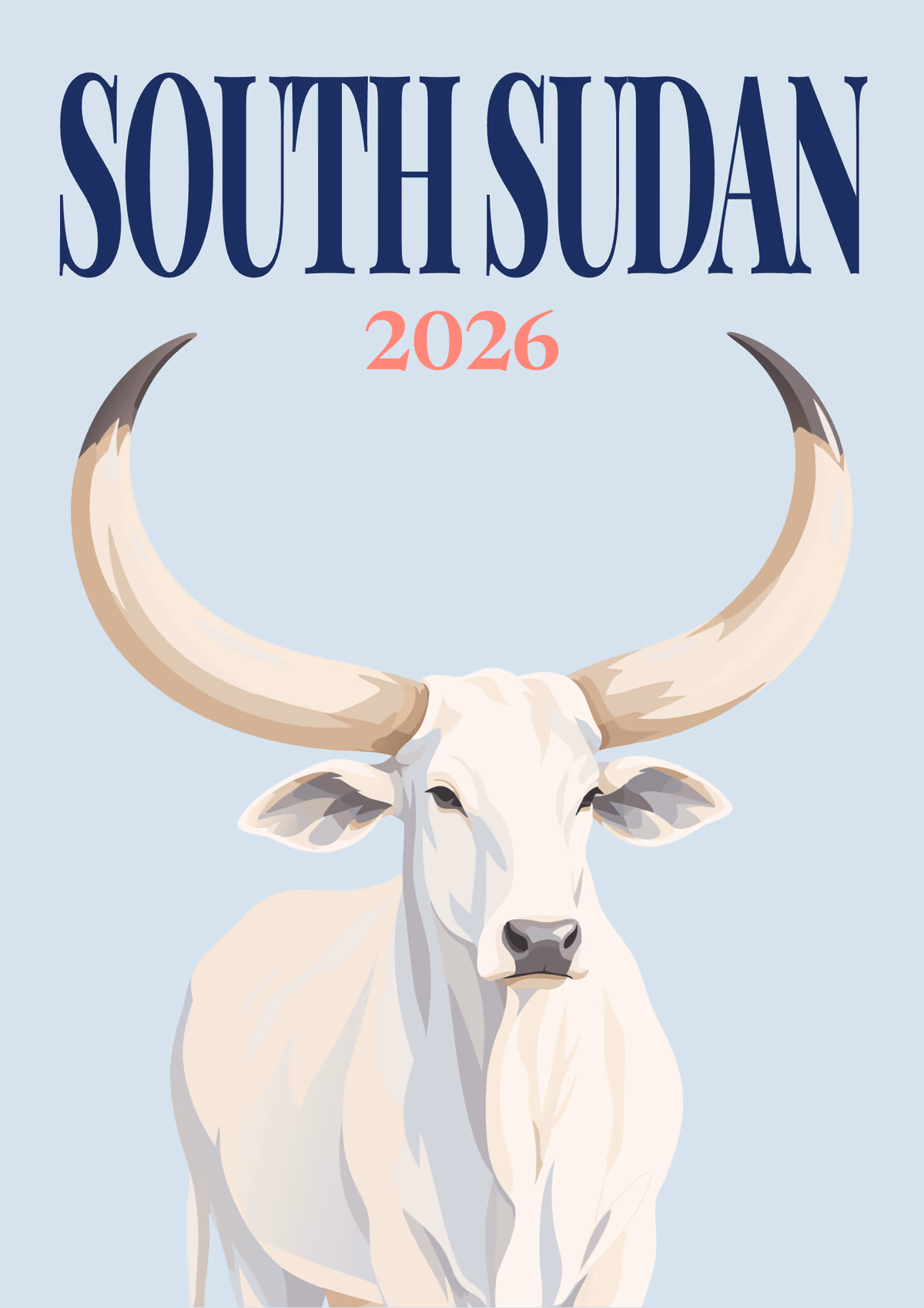 South Sudan illustrated travel photo book cover with the long-horned cow artwork