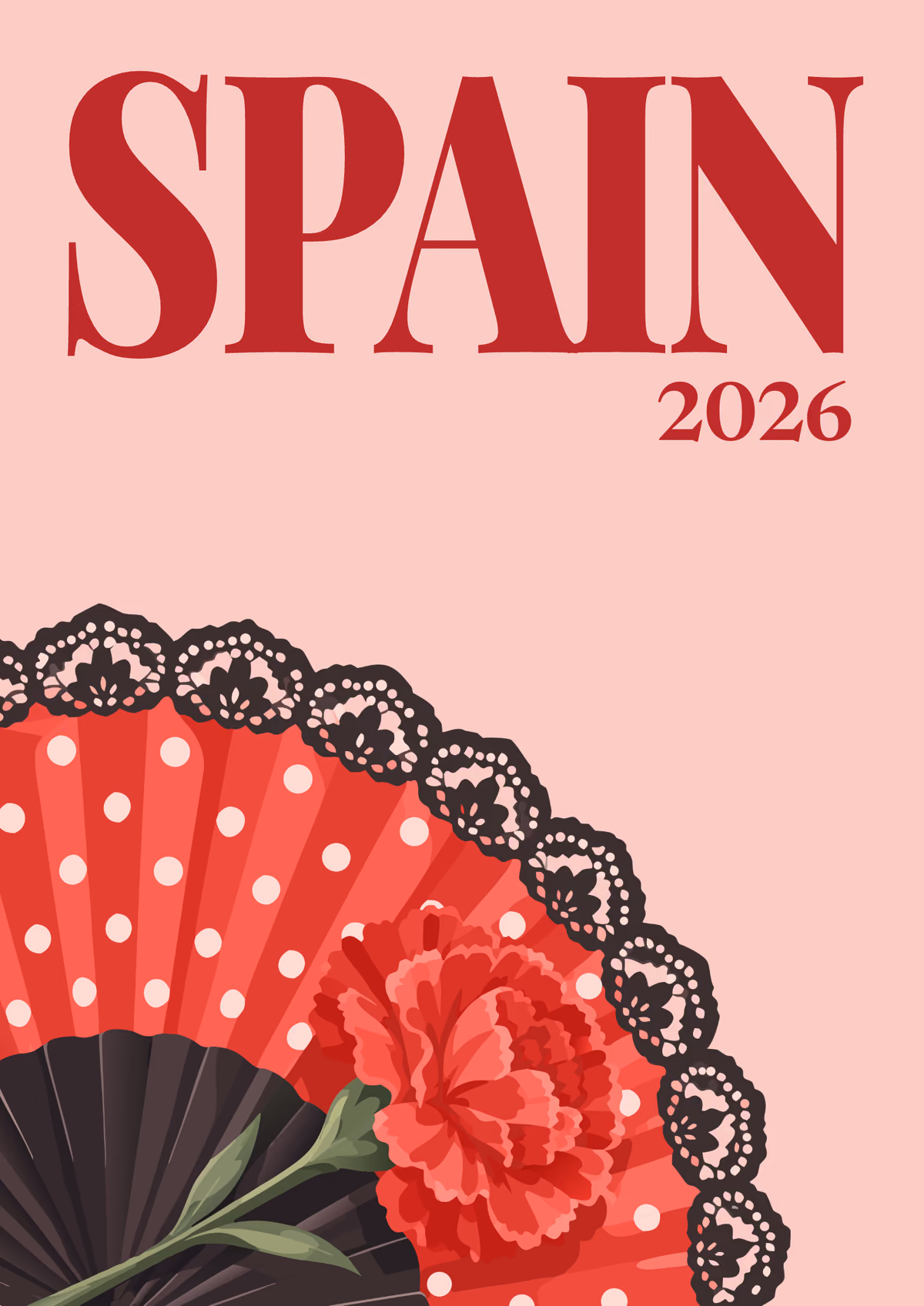 Spain illustrated travel photo book cover with a polka-dot flamenco fan and a carnation on blush pink