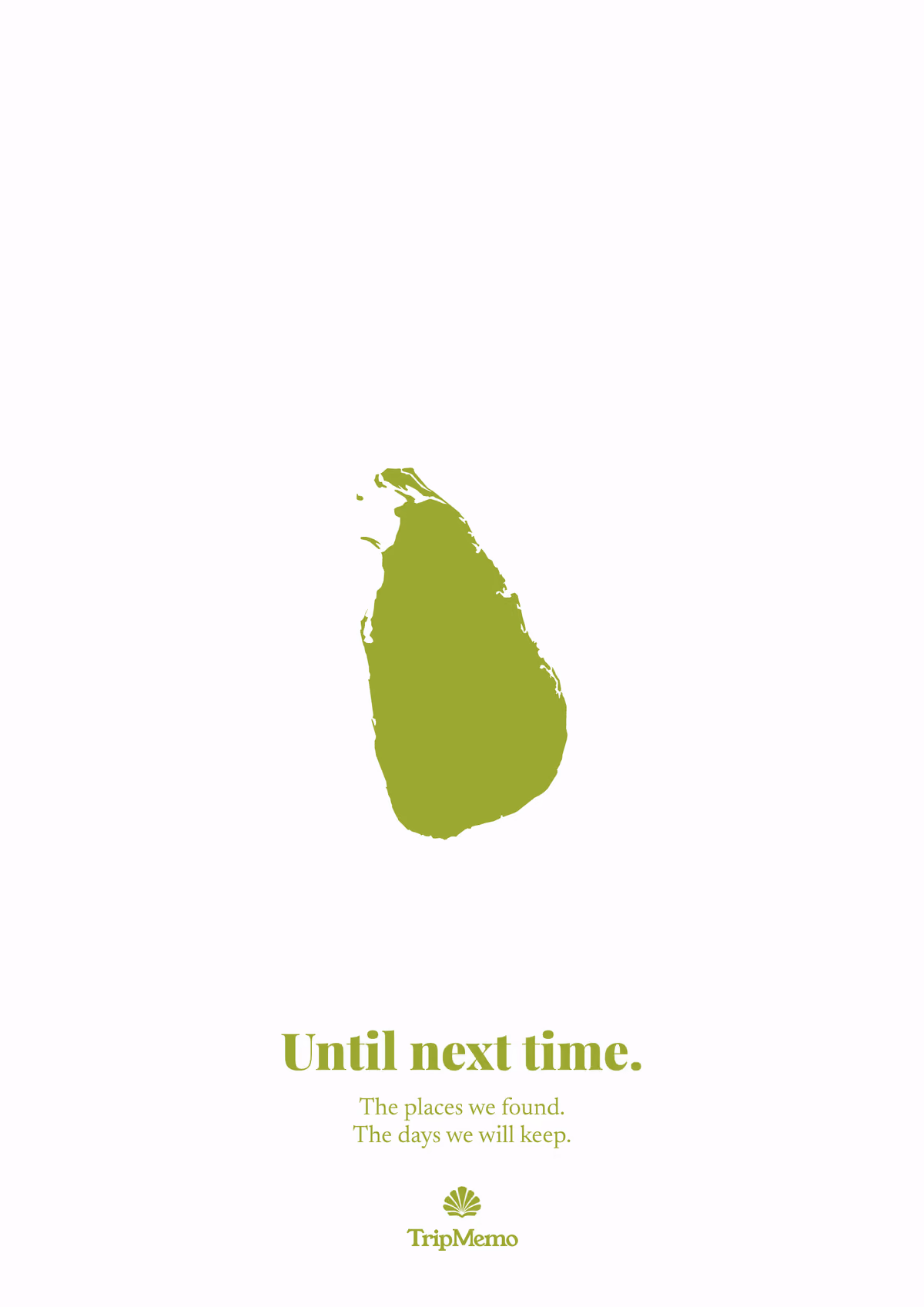 Back of the Sri Lanka photo book: an outline of Sri Lanka above the words "Until next time." and the TripMemo mark
