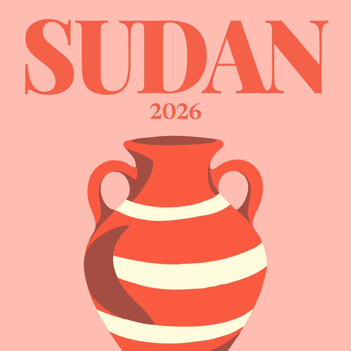 Sudan illustrated square photo book cover with a red and cream striped clay jar on pink