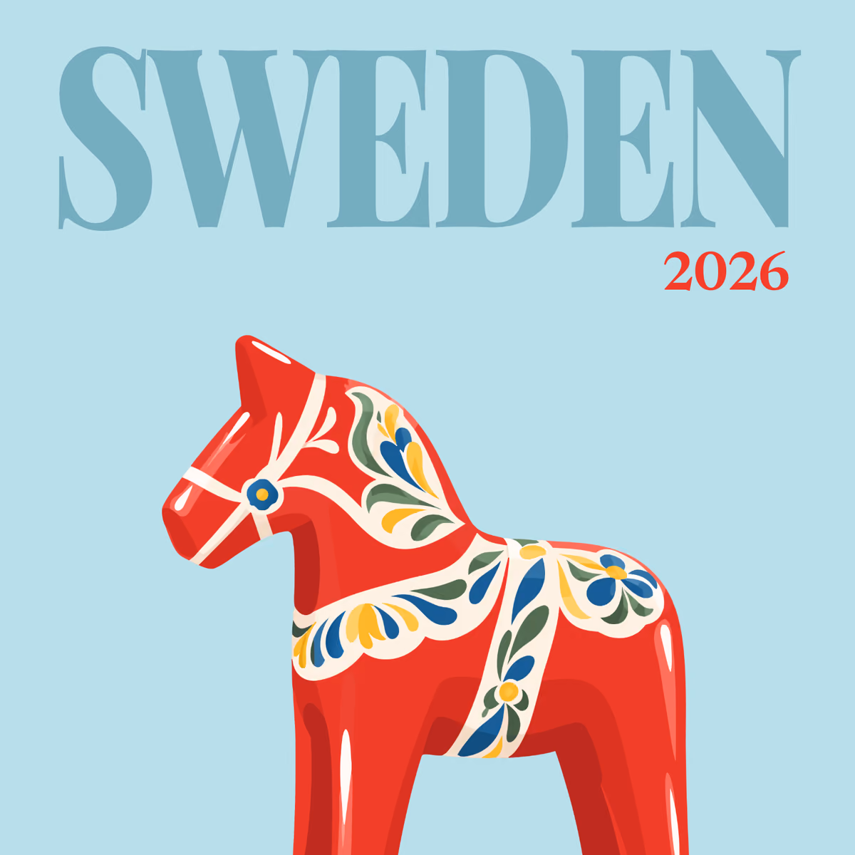 Sweden illustrated square photo book cover with the Dala horse artwork