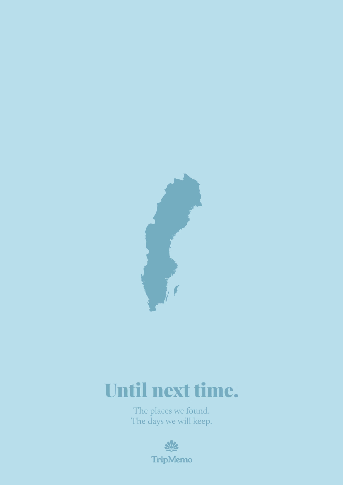 Back of the Sweden photo book: an outline of Sweden above the words "Until next time." and the TripMemo mark