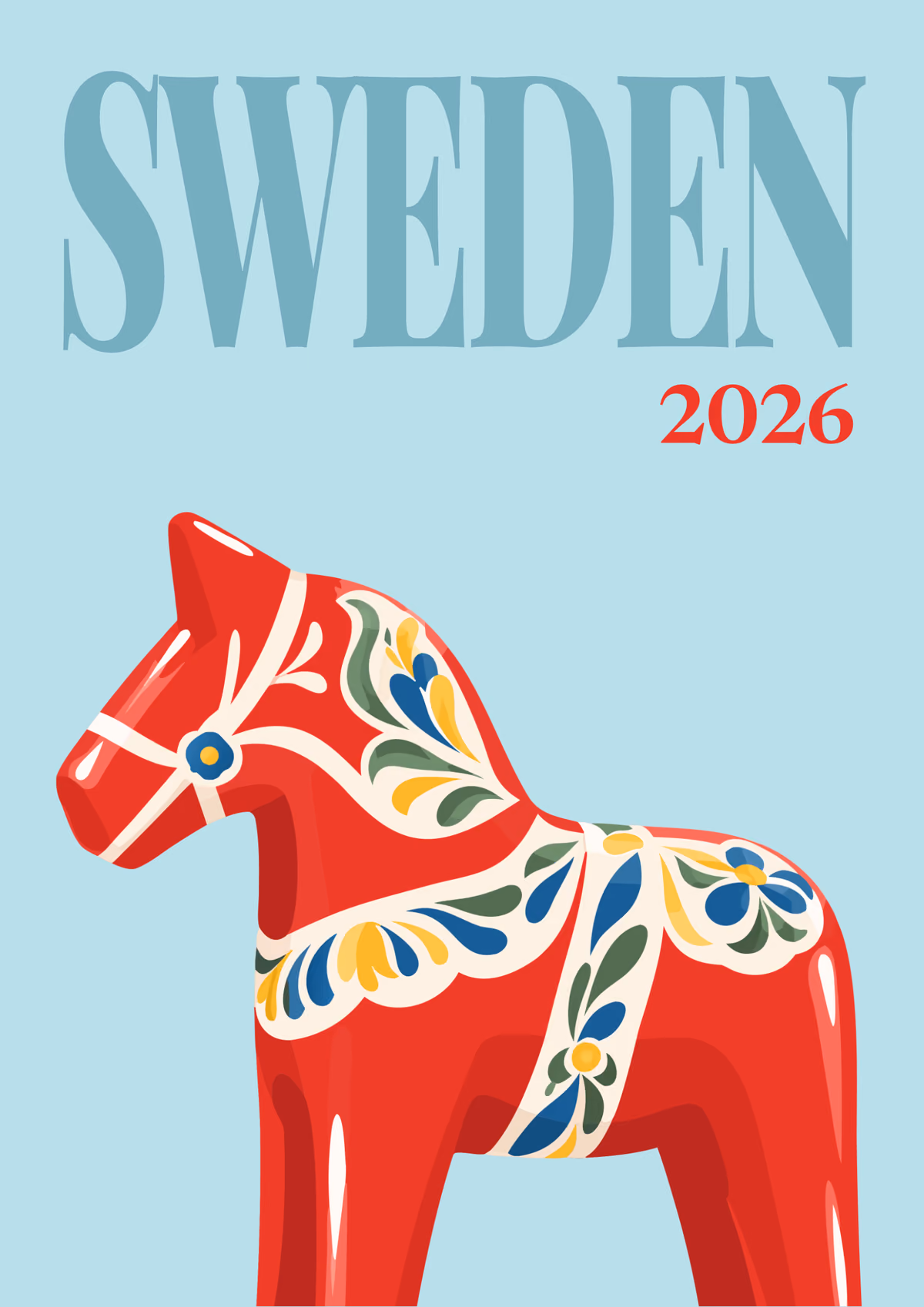 Sweden illustrated travel photo book cover with the Dala horse artwork