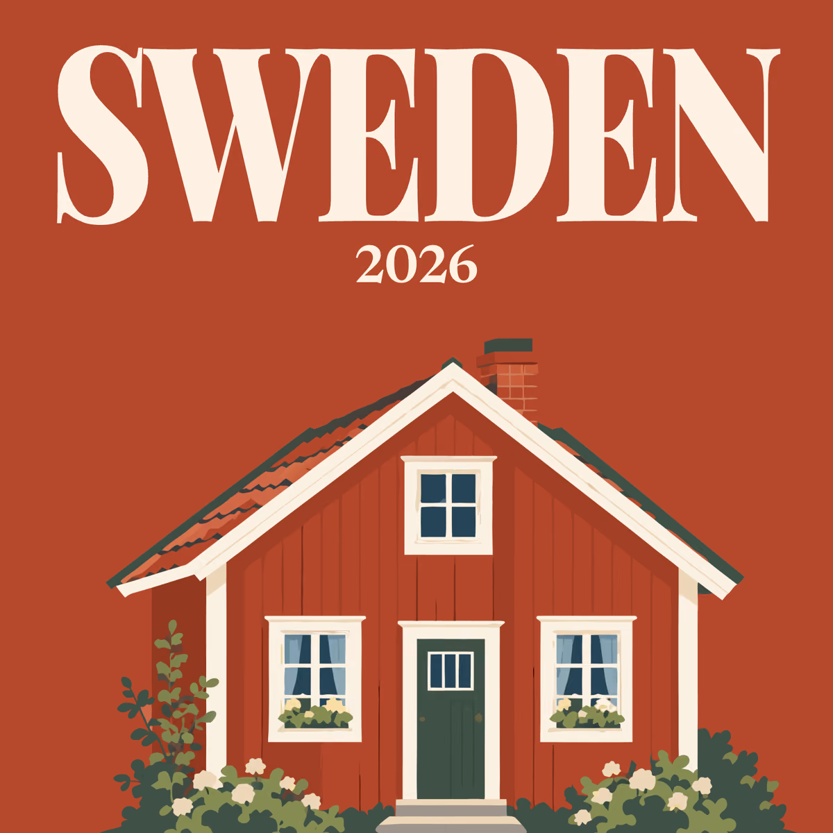 Sweden illustrated square photo book cover with the red cottage artwork