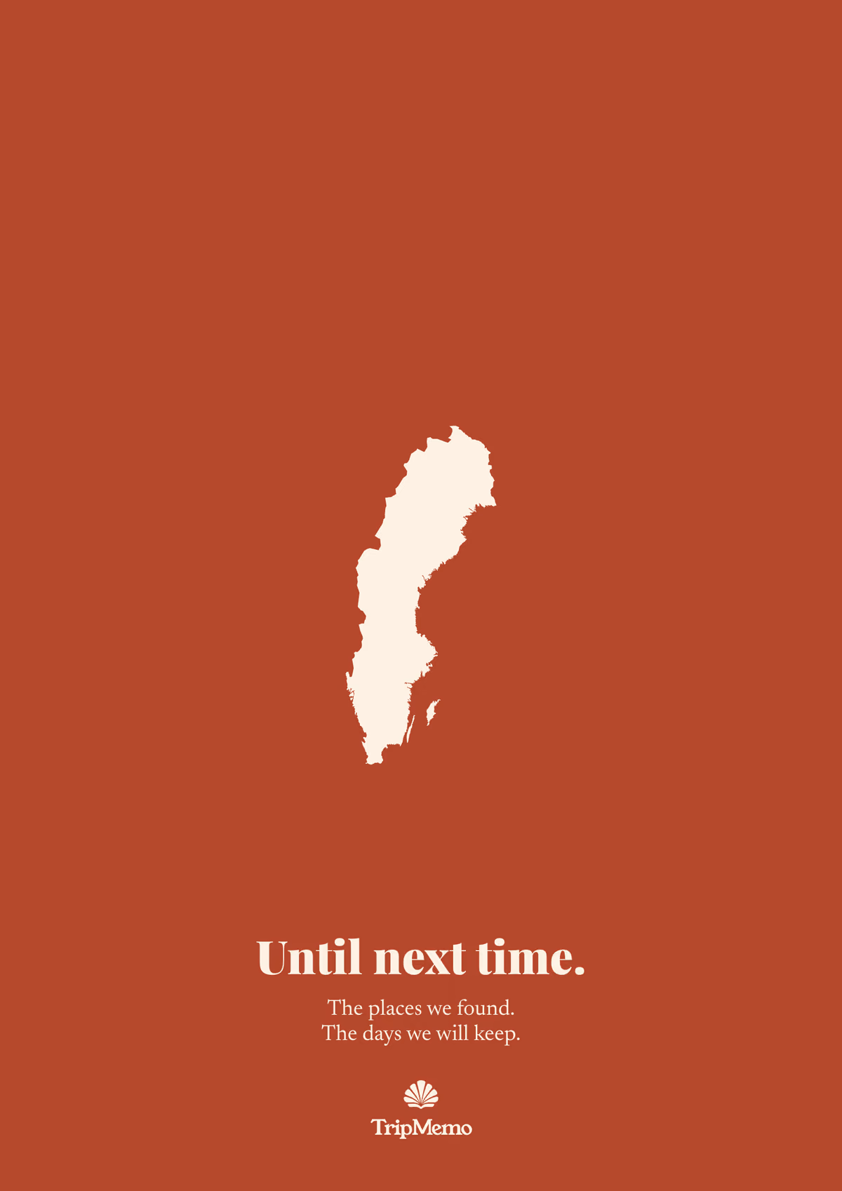 Back of the Sweden photo book: an outline of Sweden above the words "Until next time." and the TripMemo mark