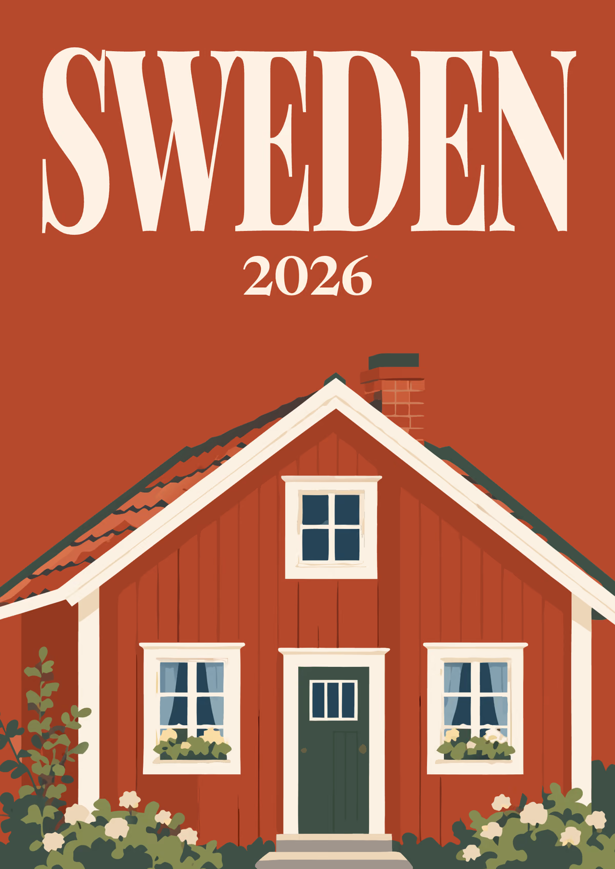 Sweden illustrated travel photo book cover with the red cottage artwork