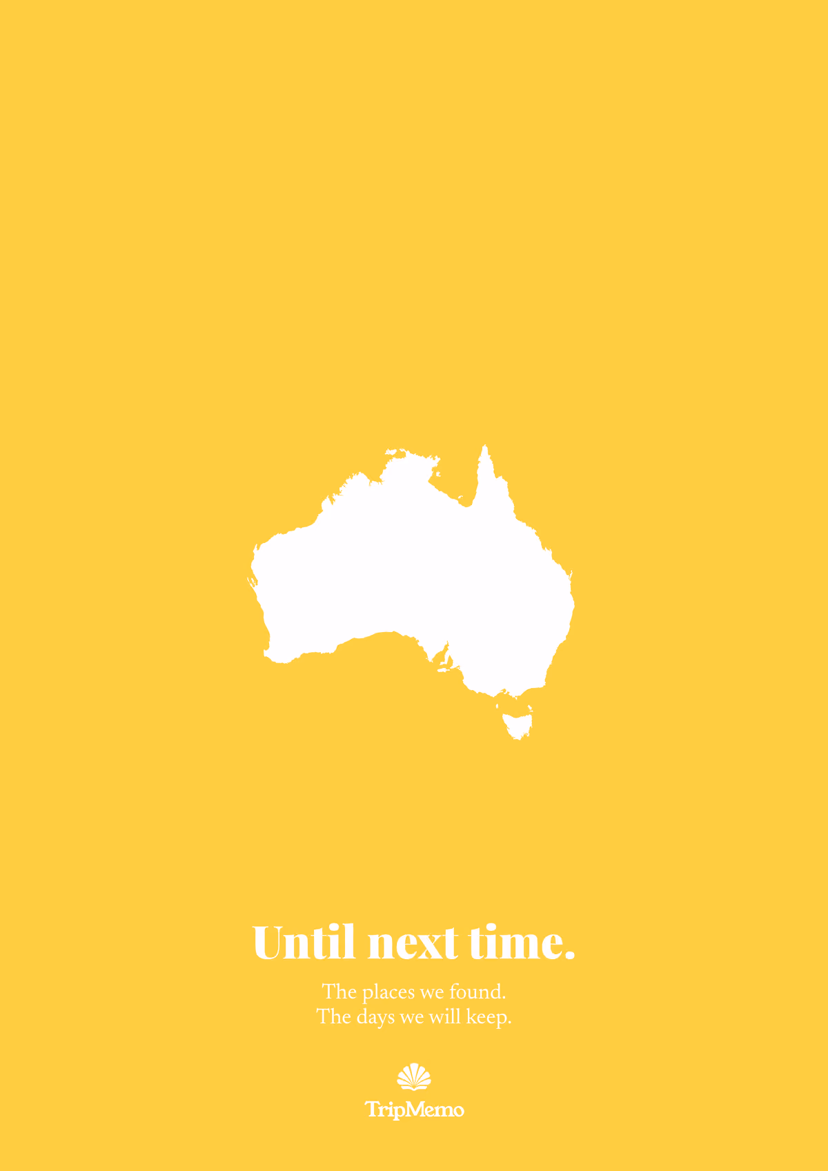 Back of the Sydney photo book: an outline of Australia above the words "Until next time." and the TripMemo mark