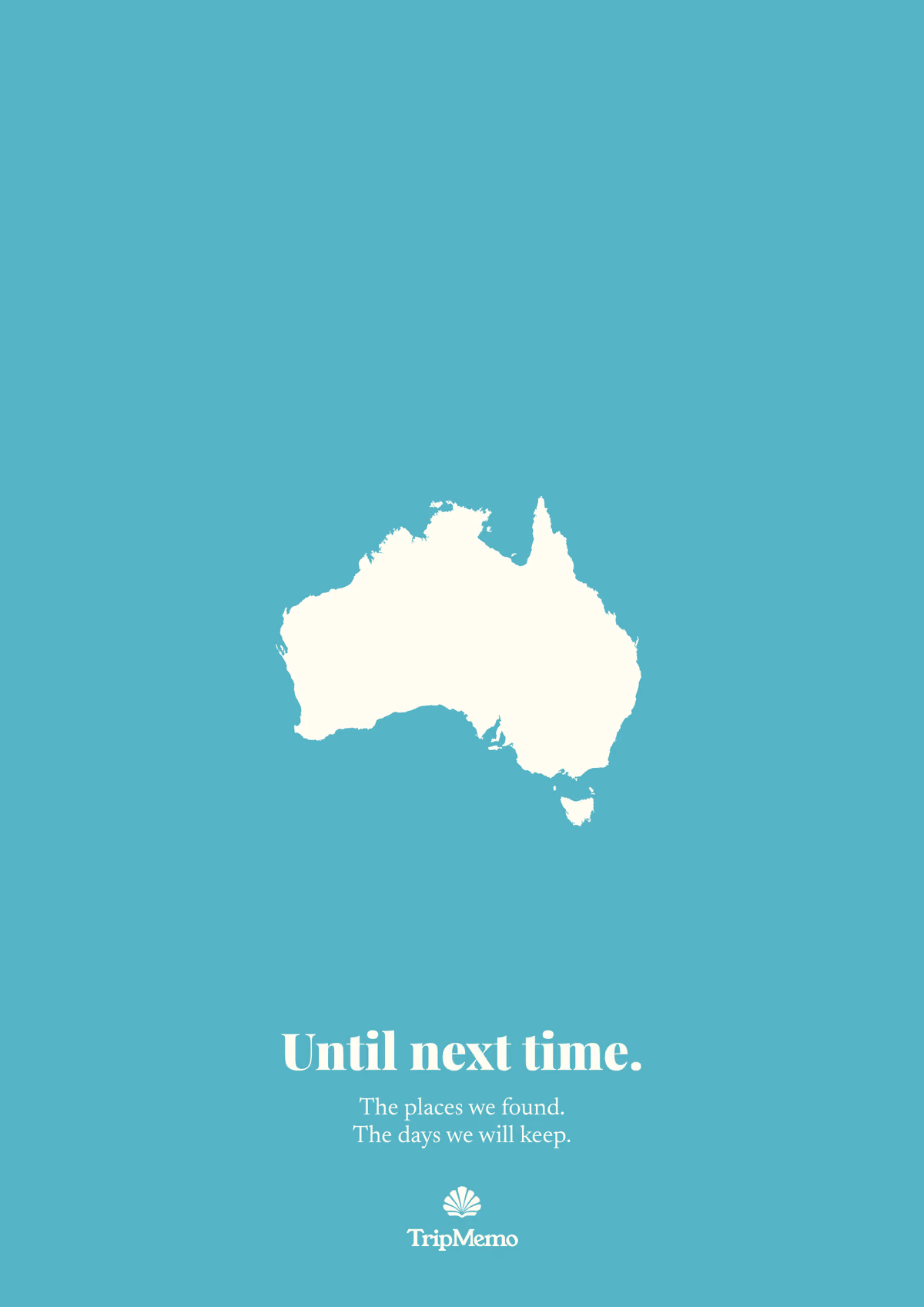 Back of the Sydney photo book: an outline of Australia above the words "Until next time." and the TripMemo mark