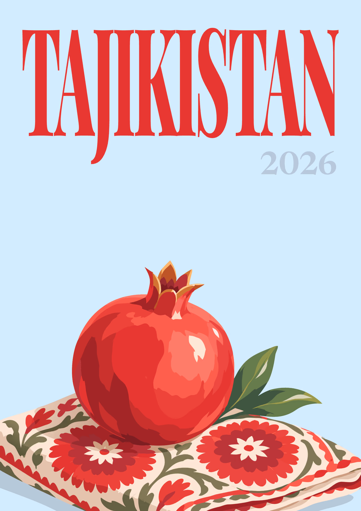 Tajikistan illustrated travel photo book cover with the pomegranate on suzani artwork