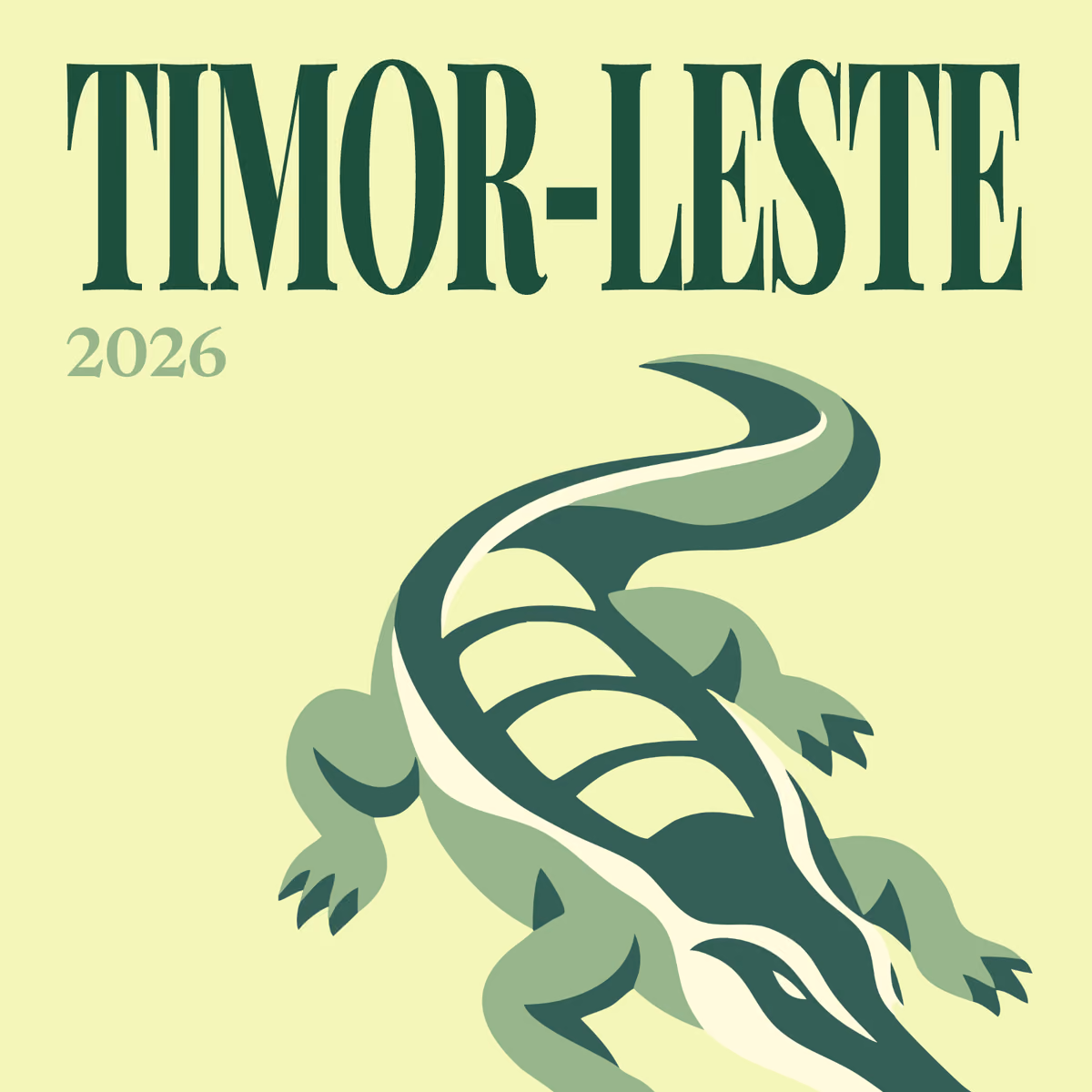 Timor-Leste illustrated square photo book cover with a green crocodile on pale yellow