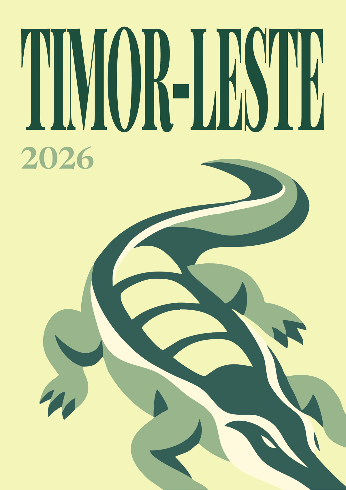 Timor-Leste illustrated travel photo book cover with a green crocodile on pale yellow