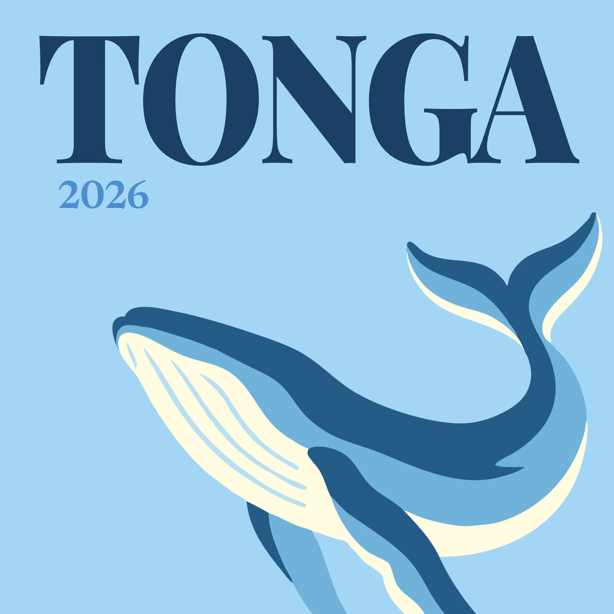 Tonga illustrated square photo book cover with a humpback whale on pale blue