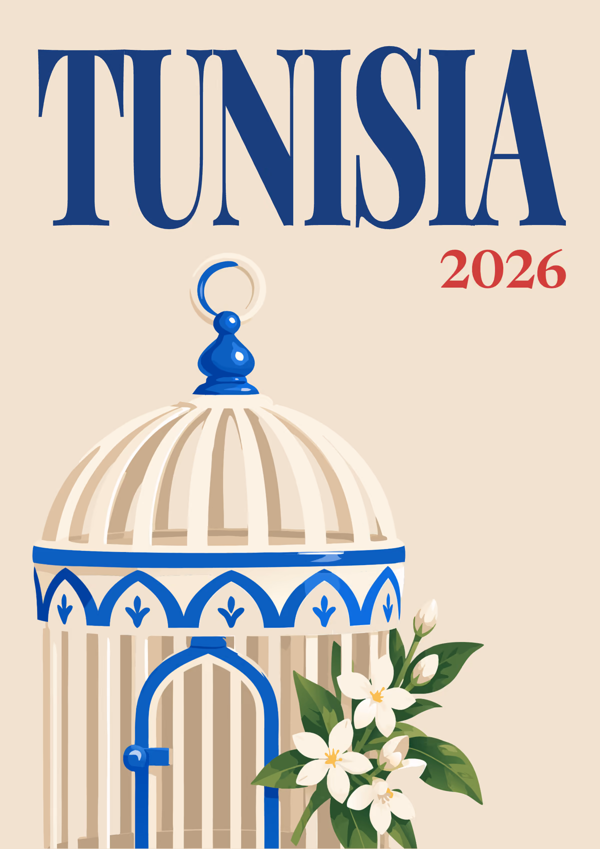 Tunisia illustrated travel photo book cover with the birdcage artwork