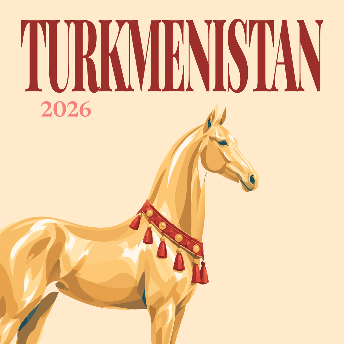 Turkmenistan illustrated square photo book cover with the Akhal-Teke horse artwork