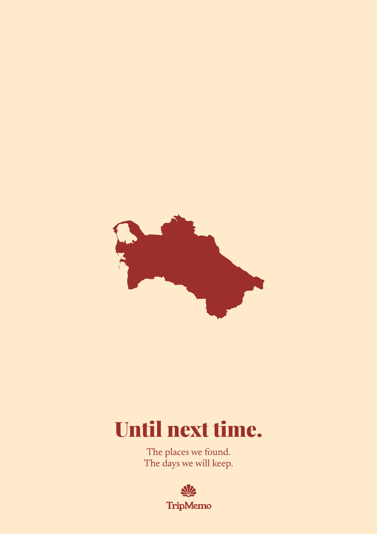 Back of the Turkmenistan photo book: an outline of Turkmenistan above the words "Until next time." and the TripMemo mark