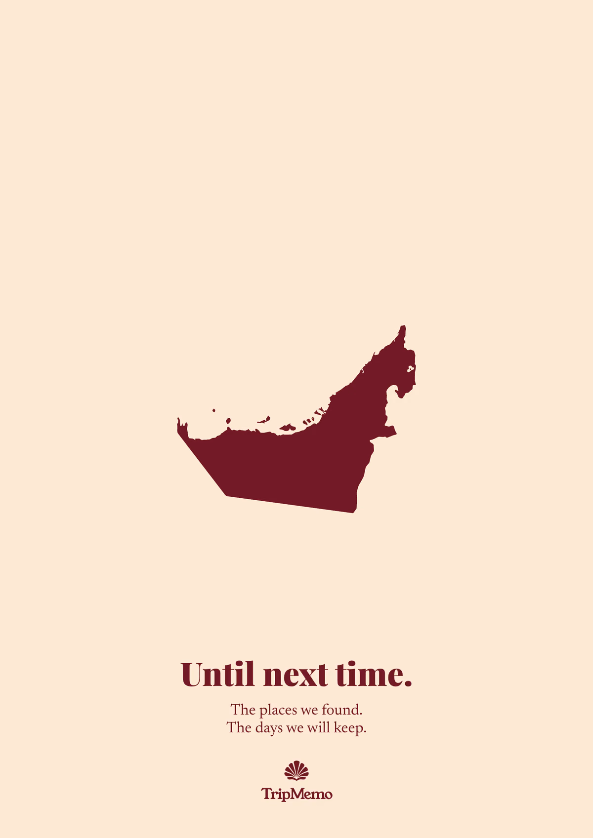 Back of the UAE photo book: an outline of the United Arab Emirates above the words "Until next time." and the TripMemo mark