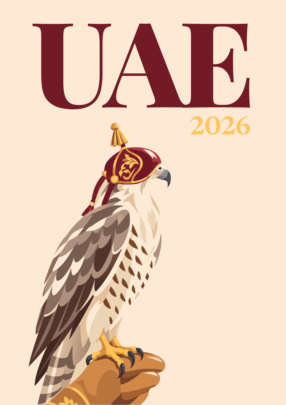 UAE illustrated travel photo book cover with the Emirati falcon artwork