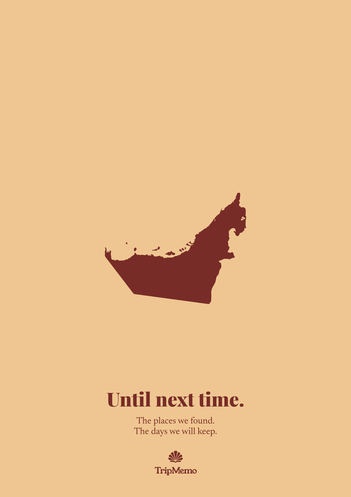 Back of the UAE photo book: an outline of the United Arab Emirates above the words "Until next time." and the TripMemo mark