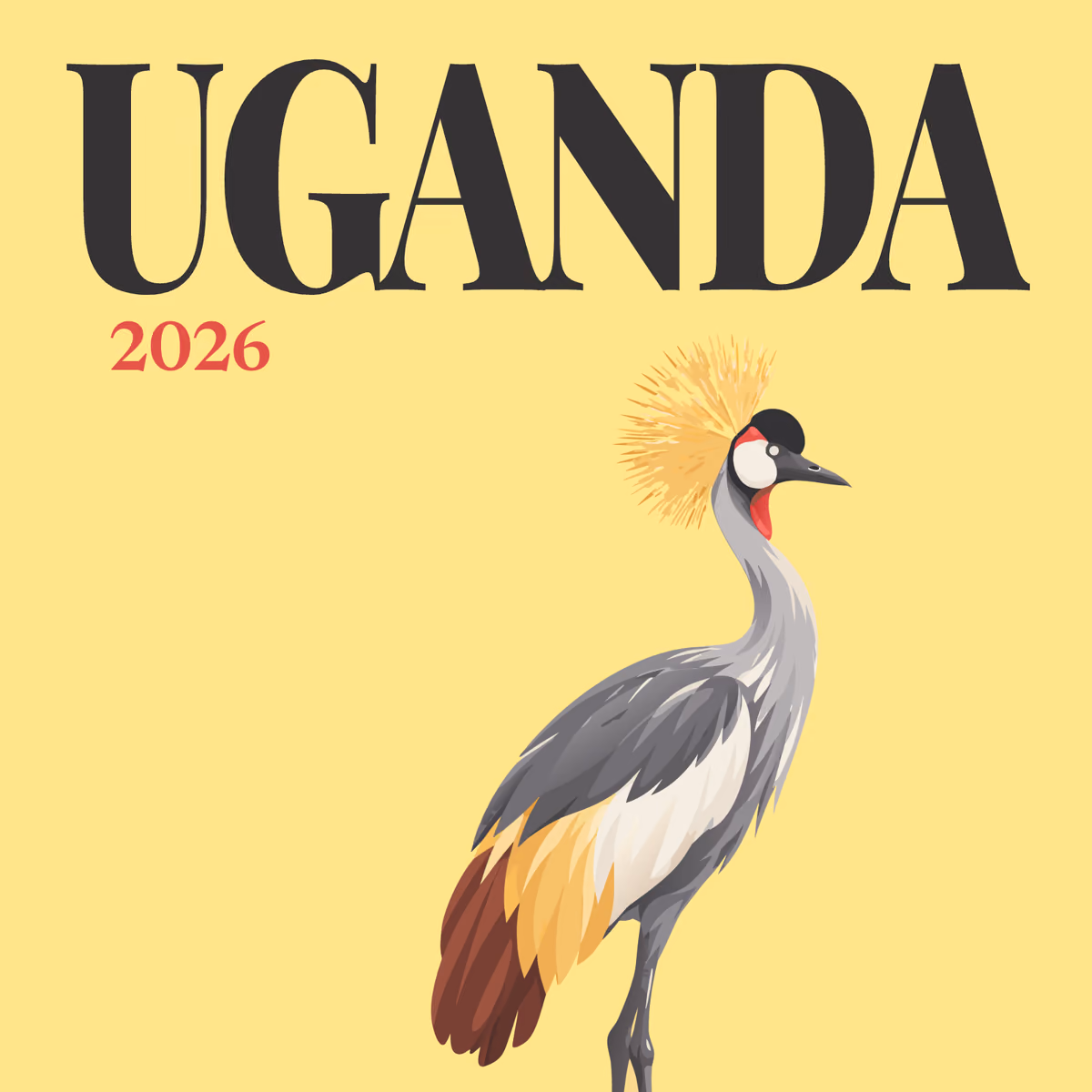 Uganda illustrated square photo book cover with the grey crowned crane artwork