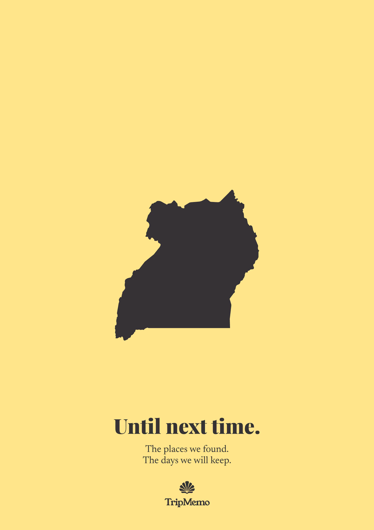 Back of the Uganda photo book: an outline of Uganda above the words "Until next time." and the TripMemo mark