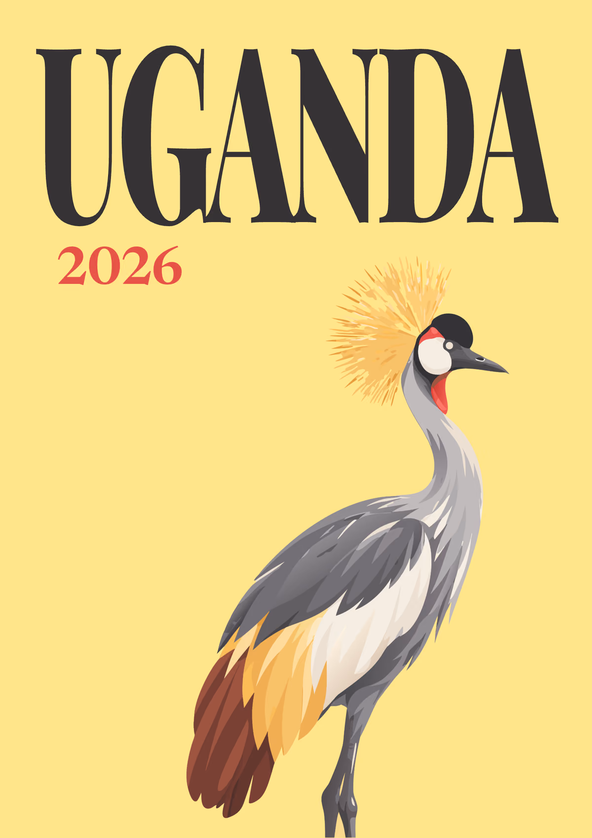 Uganda illustrated travel photo book cover with the grey crowned crane artwork
