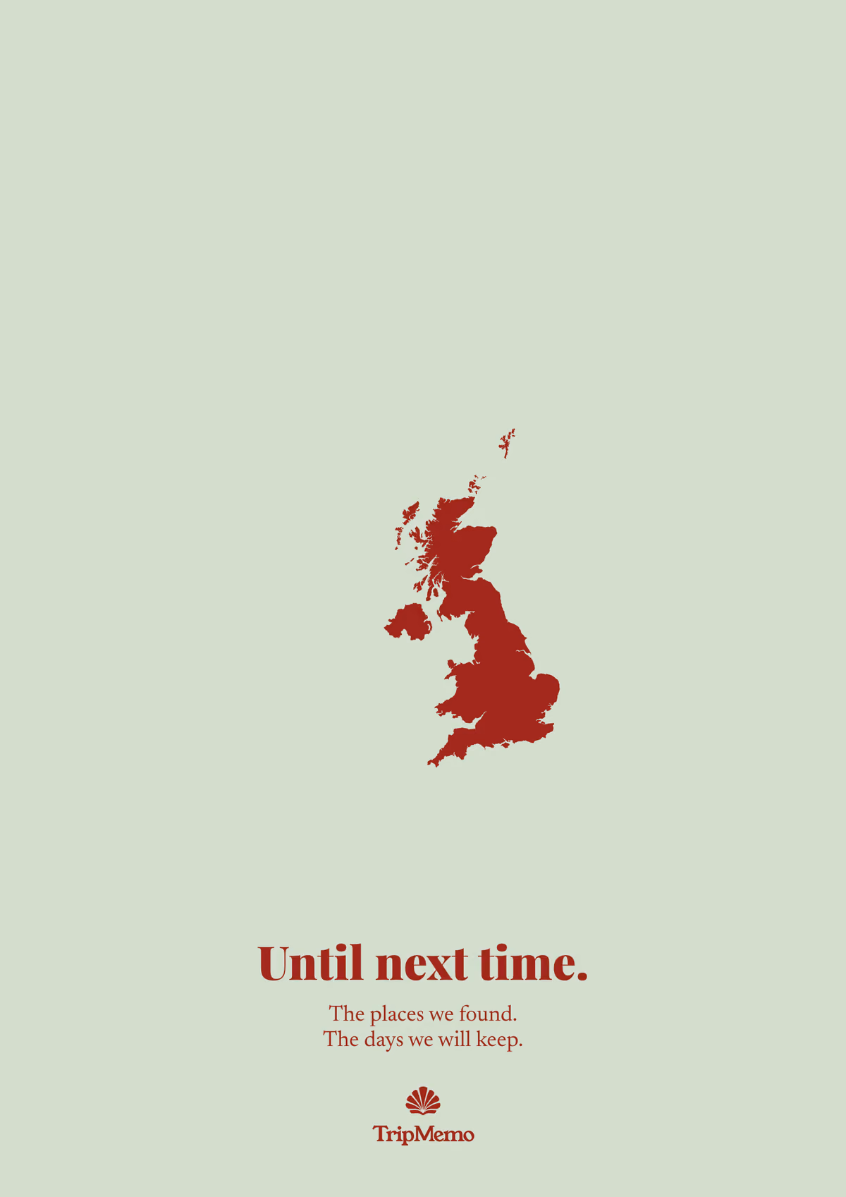 Back of the UK photo book: an outline of the United Kingdom above the words "Until next time." and the TripMemo mark