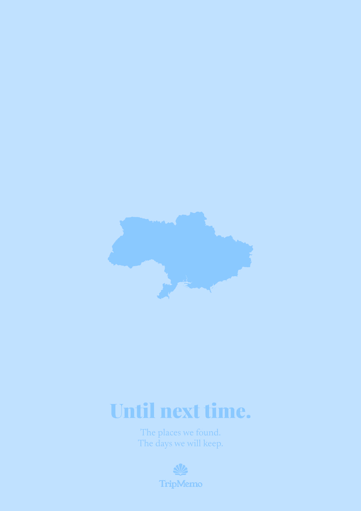 Back of the Ukraine photo book: an outline of Ukraine above the words "Until next time." and the TripMemo mark