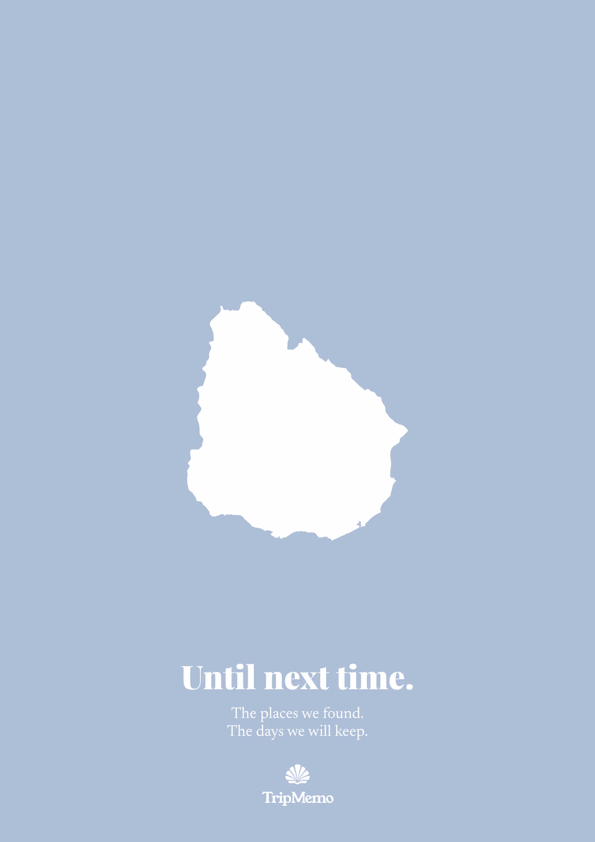 Back of the Uruguay photo book: an outline of Uruguay above the words "Until next time." and the TripMemo mark