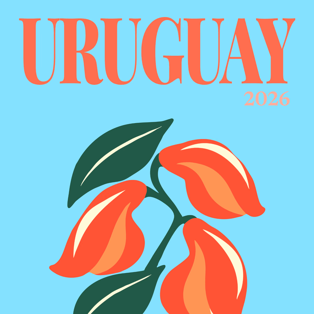 Uruguay illustrated square photo book cover with red blossoms and green leaves on pale blue