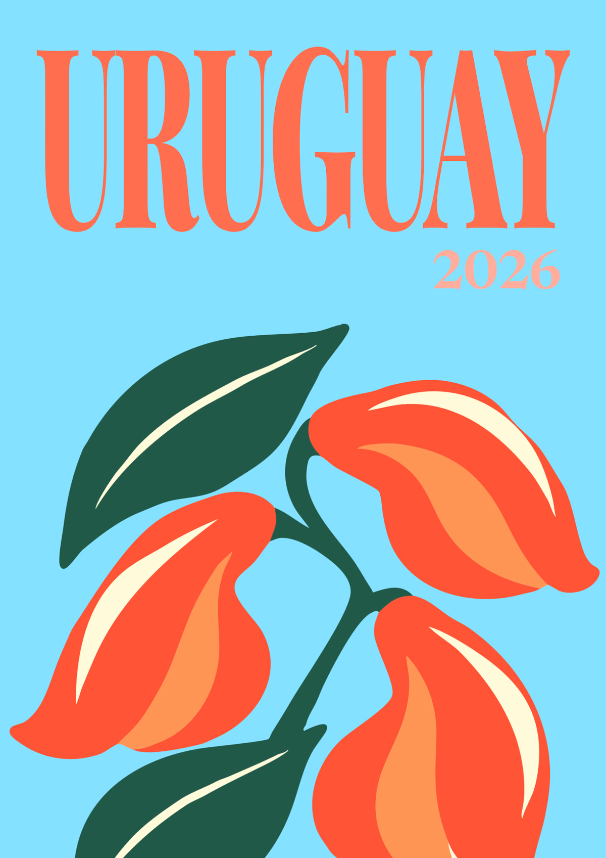 Uruguay illustrated travel photo book cover with red blossoms and green leaves on pale blue