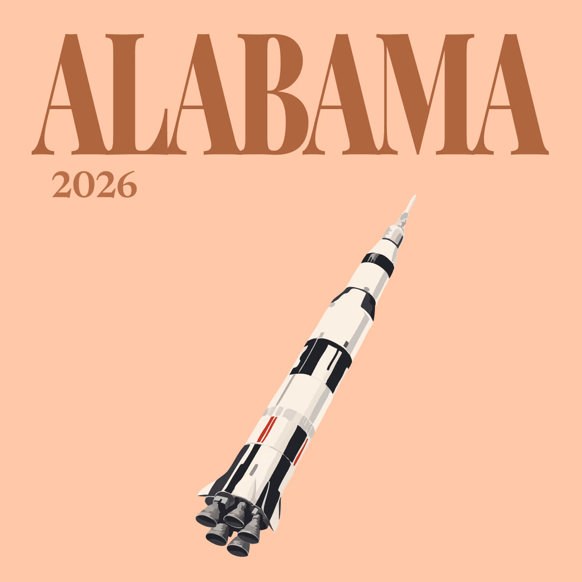 Alabama illustrated square photo book cover with a Saturn V rocket on peach