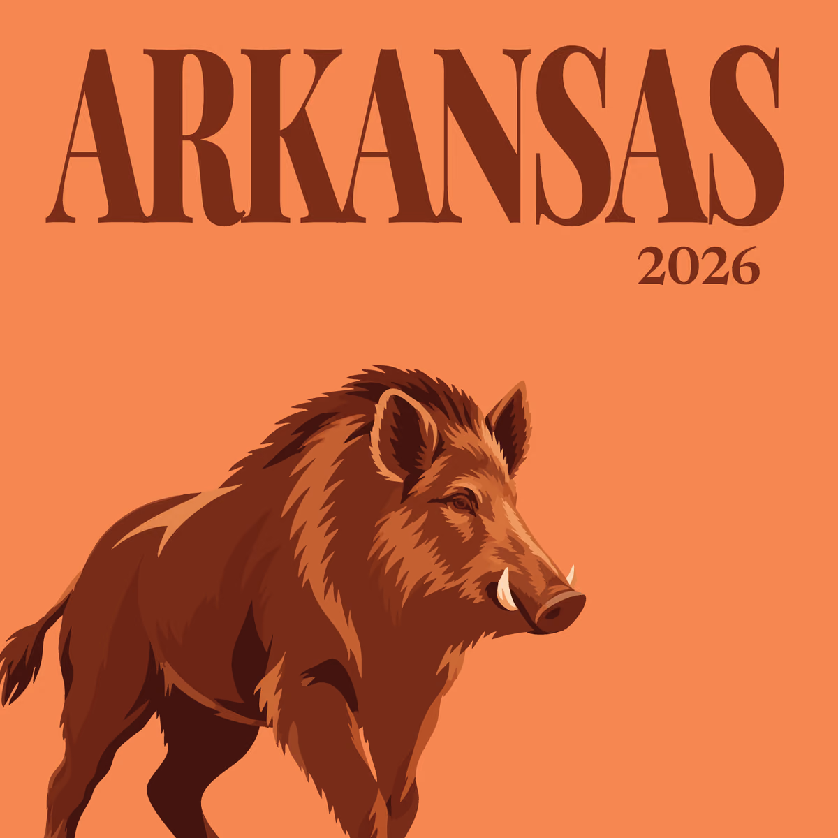 Arkansas illustrated square photo book cover with a wild boar on orange