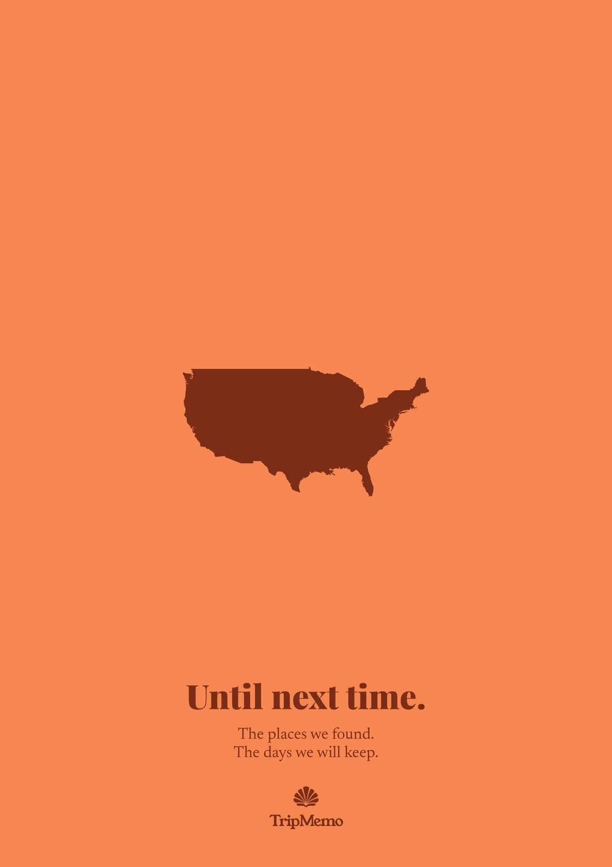 Back of the Arkansas photo book: an outline of the United States above the words "Until next time." and the TripMemo mark
