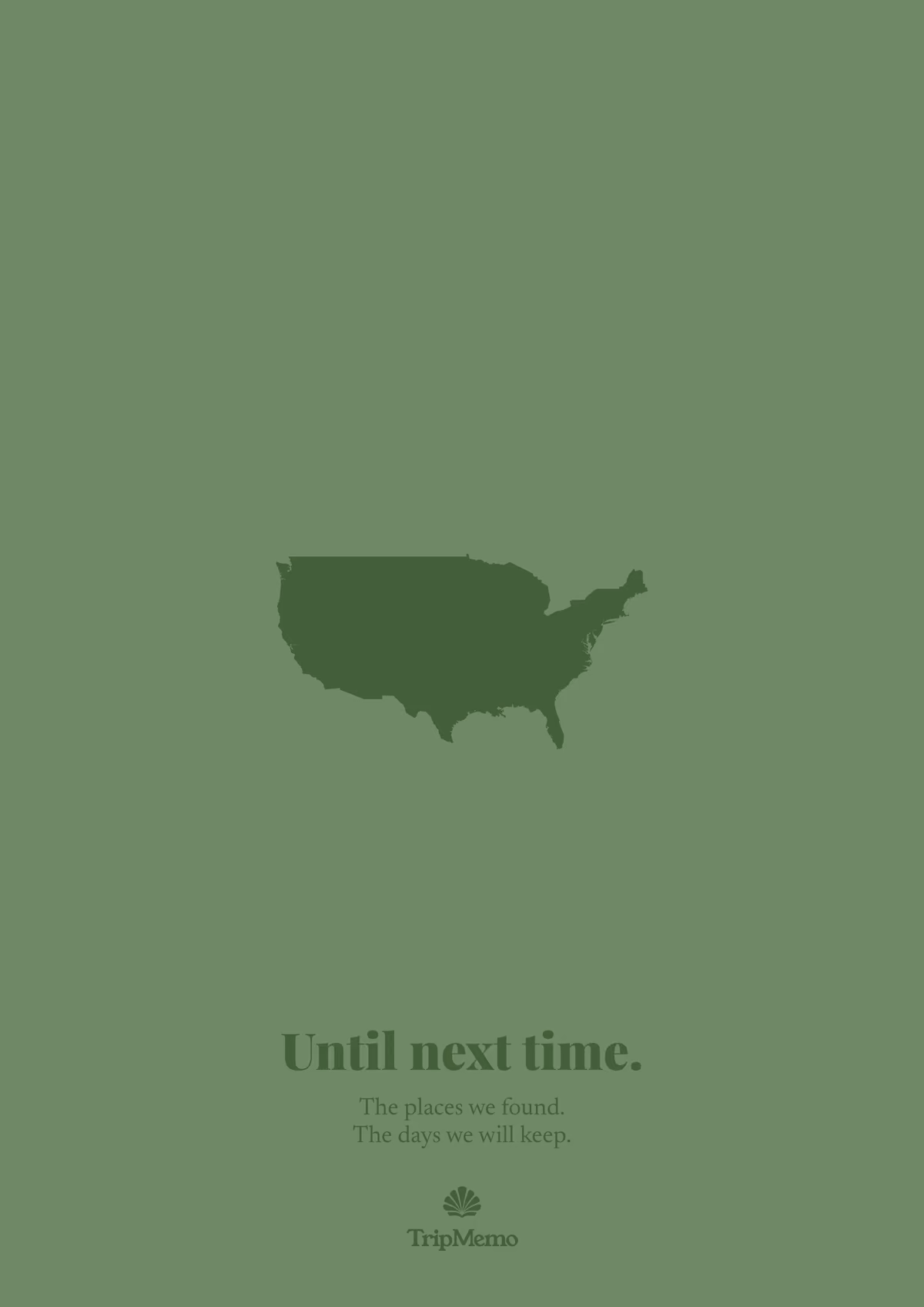 Back of the Connecticut photo book: an outline of the United States above the words "Until next time." and the TripMemo mark