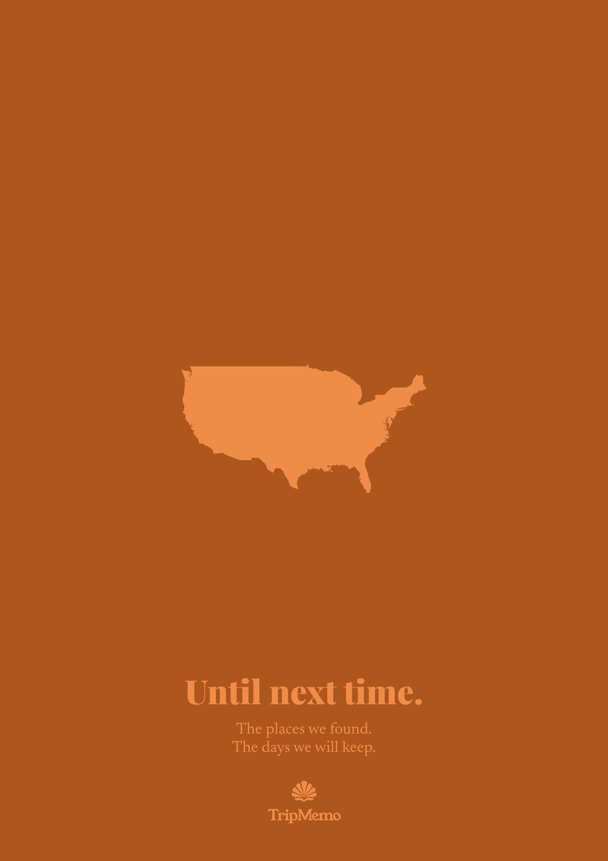 Back of the Delaware photo book: an outline of the United States above the words "Until next time." and the TripMemo mark