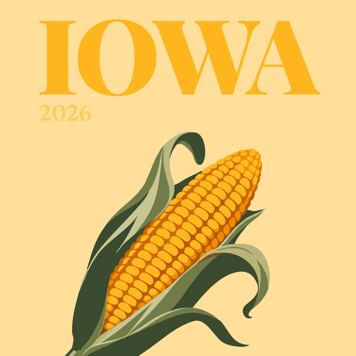 Iowa illustrated square photo book cover with an ear of corn on yellow