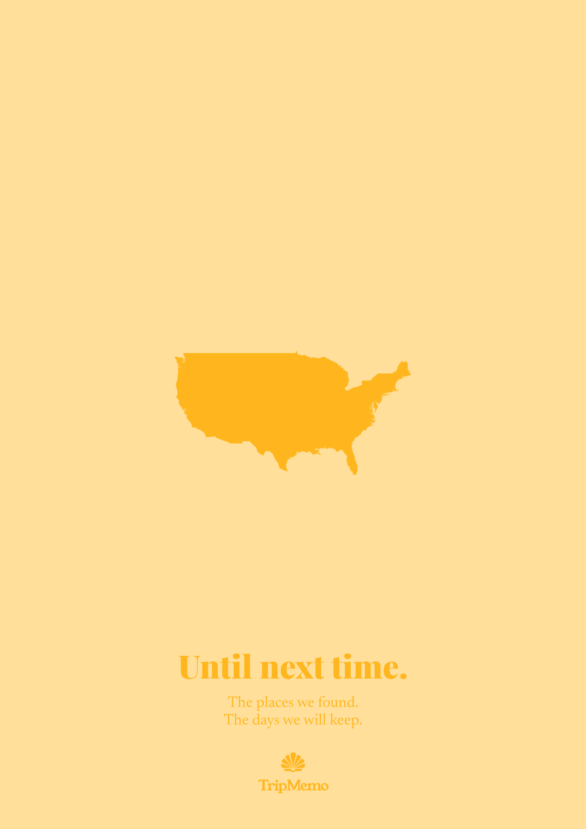 Back of the Iowa photo book: an outline of the United States above the words "Until next time." and the TripMemo mark