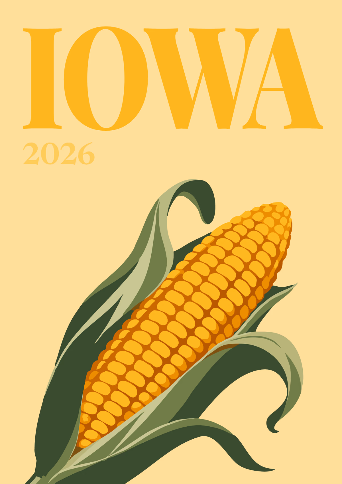 Iowa illustrated travel photo book cover with an ear of corn on yellow
