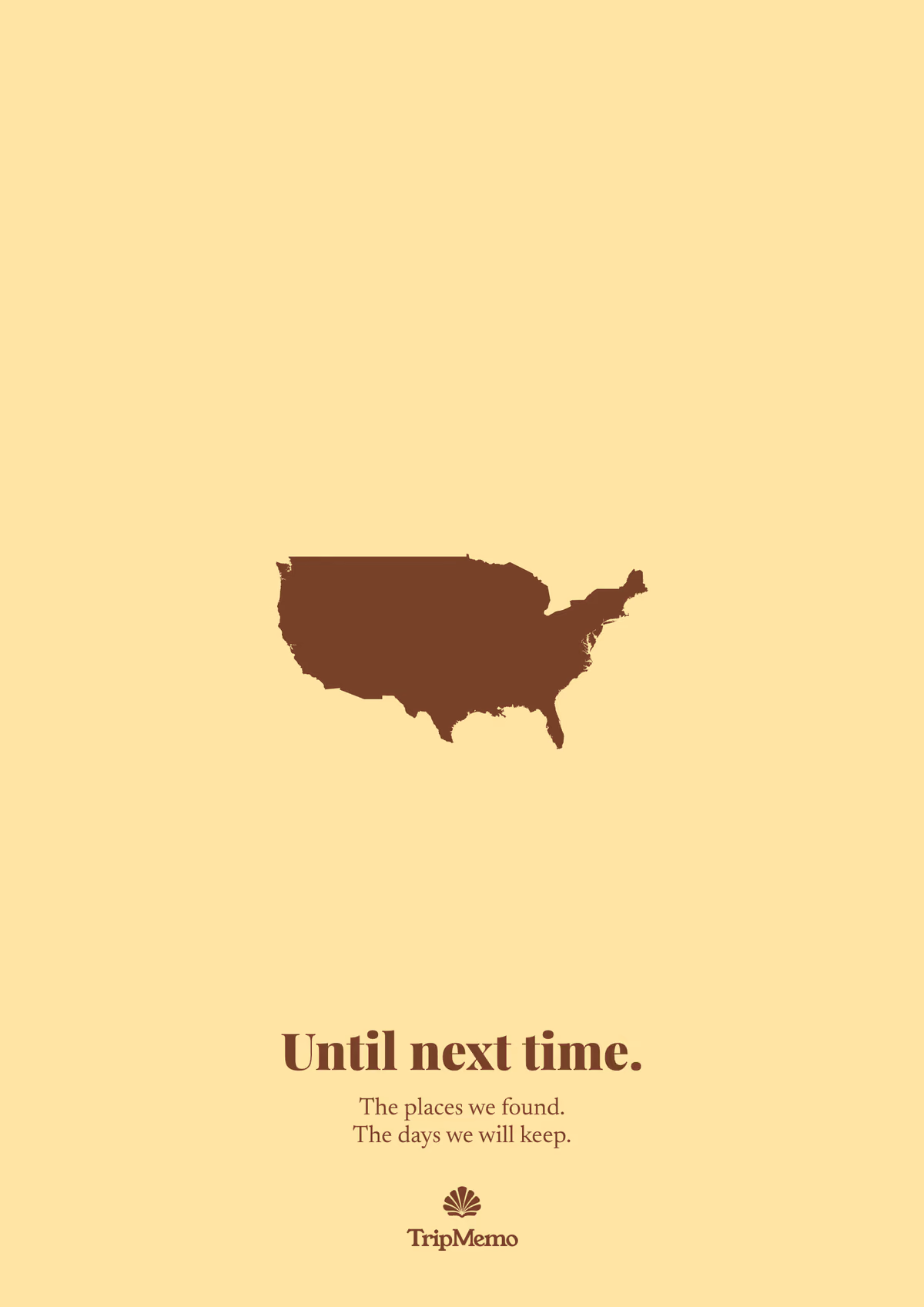 Back of the Idaho photo book: an outline of the United States above the words "Until next time." and the TripMemo mark