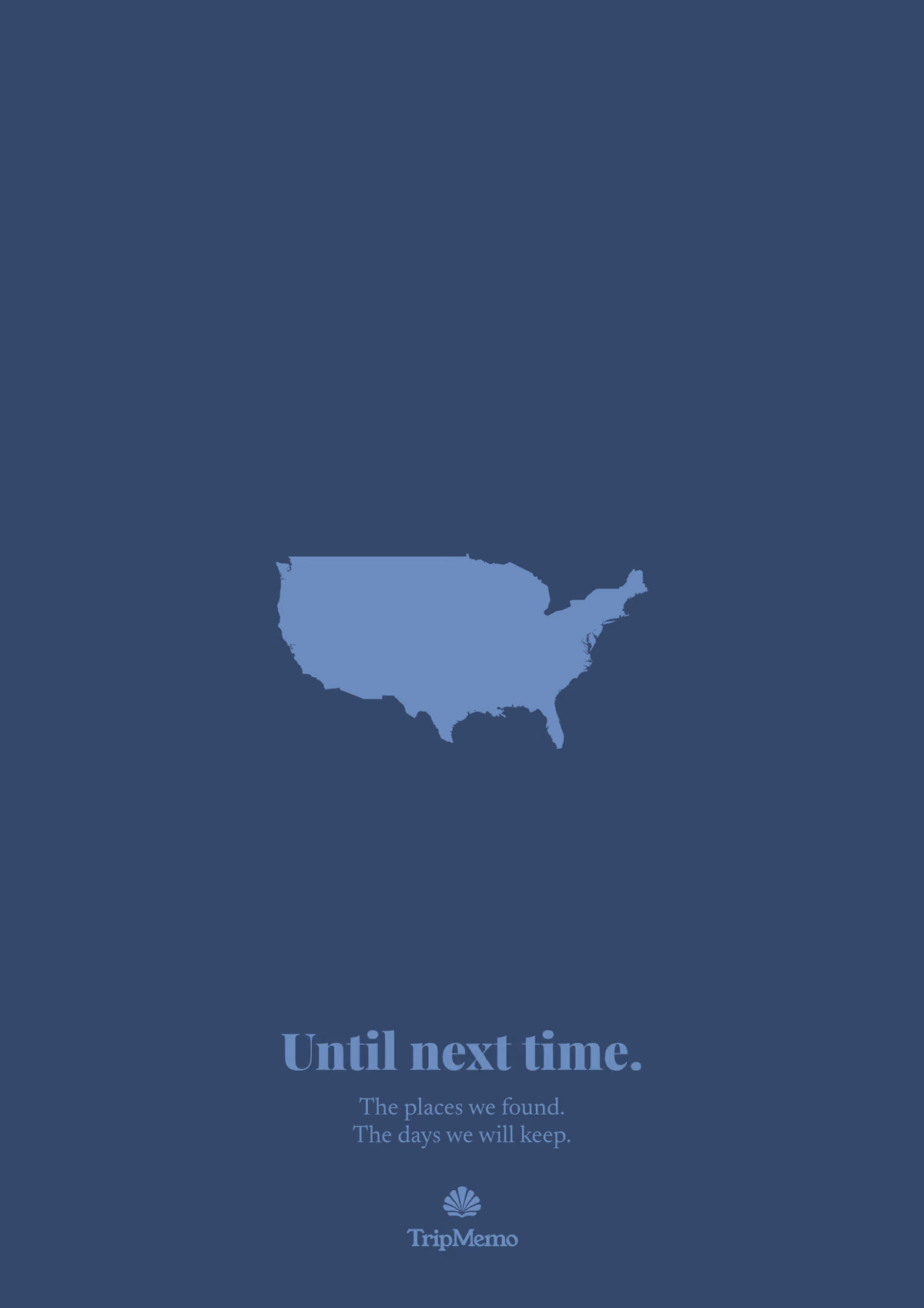 Back of the Illinois photo book: an outline of the United States above the words "Until next time." and the TripMemo mark
