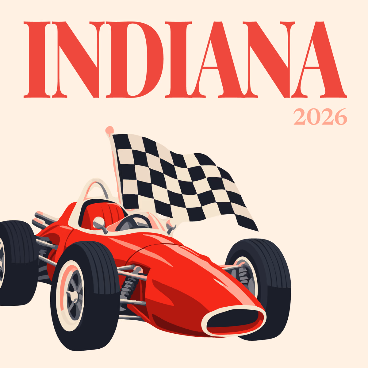 Indiana illustrated square photo book cover with a red race car and a chequered flag on cream