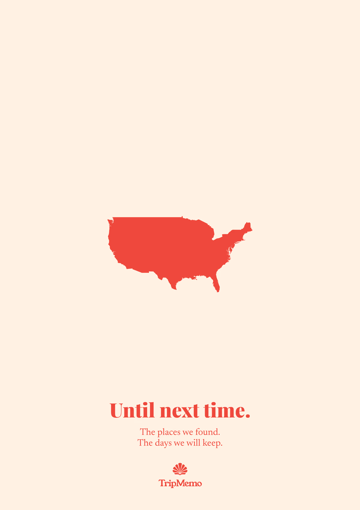 Back of the Indiana photo book: an outline of the United States above the words "Until next time." and the TripMemo mark
