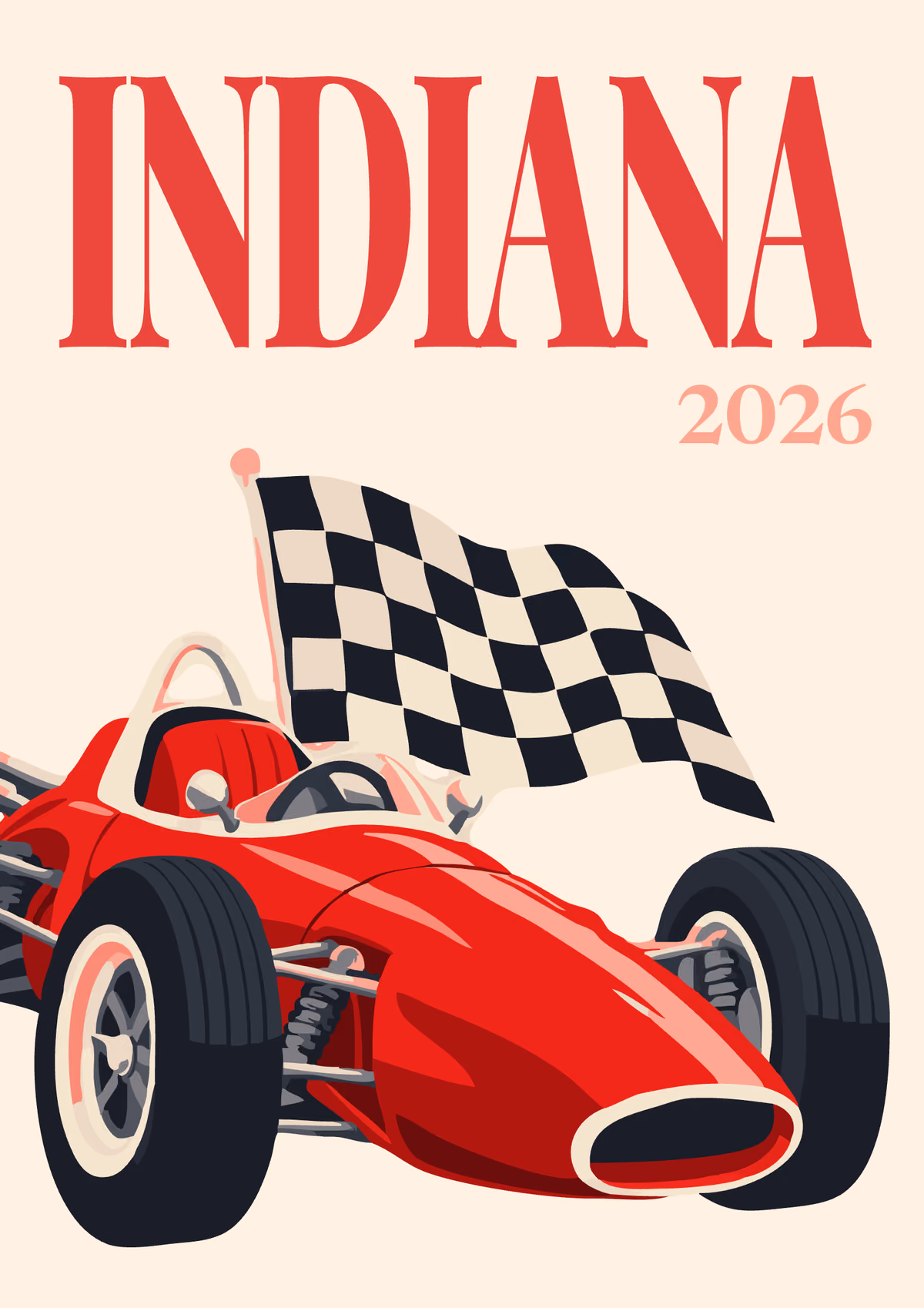 Indiana illustrated travel photo book cover with a red race car and a chequered flag on cream