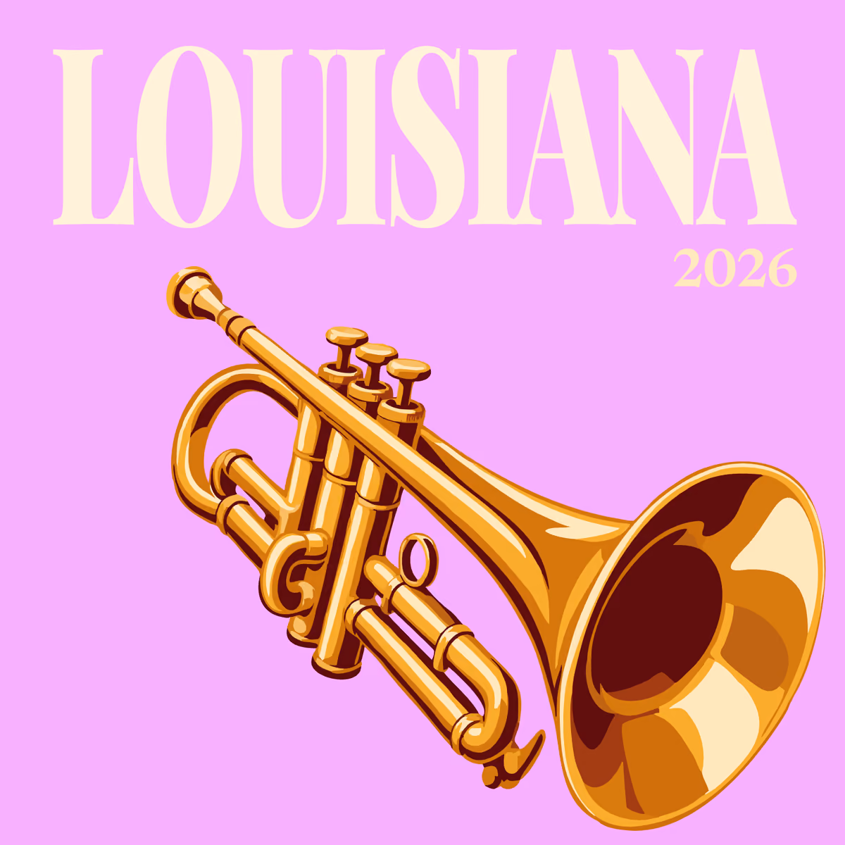 Louisiana illustrated square photo book cover with a brass trumpet on lilac
