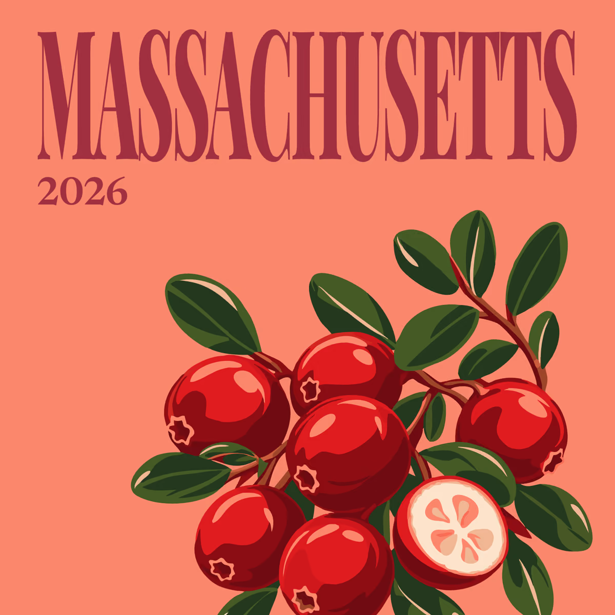 Massachusetts illustrated square photo book cover with cranberries on coral